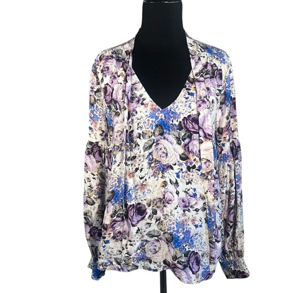 Parker Size Medium Long Sleeve 100% Silk Floral V-Neck Women's Top - Picture 1 of 9